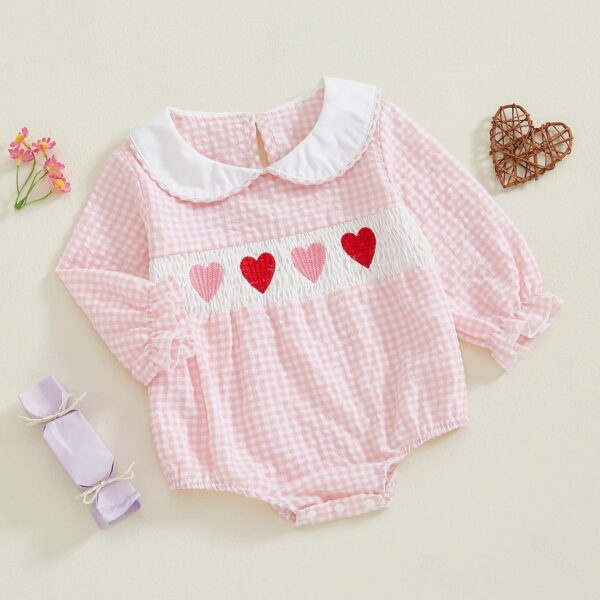Yoisdtxc Infant Baby Girl Cute Outfit Heart Print Smocked Bubble Romper Doll Collar Bodysuit Headband Spring Clothes - Image 3