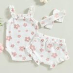 KimFuLai Newborn Baby Girl Summer Outfit Sleeveless Floral Cherry Print Waffle Romper Bodysuit Ruffle Bloomers Shorts Headband Set - Image 3