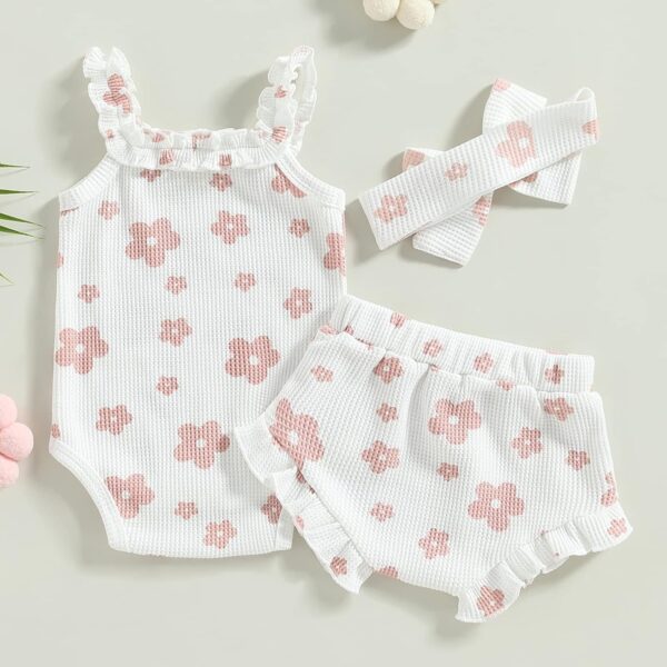 KimFuLai Newborn Baby Girl Summer Outfit Sleeveless Floral Cherry Print Waffle Romper Bodysuit Ruffle Bloomers Shorts Headband Set - Image 3