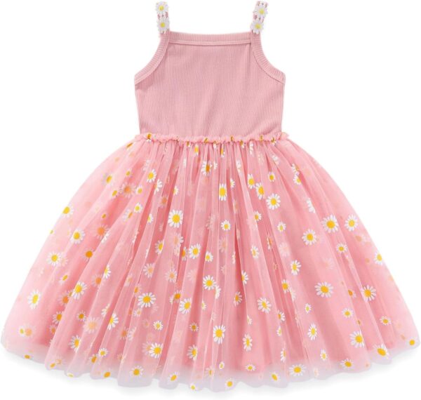 IWEMEK Toddler Kids Baby Girls Daisy Dress Spaghetti Strap Ribbed Knit Tulle Tutu Dresses Flower Girl Wedding Party Bridesmaid Birthday Pageant Prom Dresses Ball Gown - Image 2