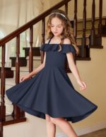 Arshiner Girls Summer Dress Off Shoulder Children's Dress Ruffle Sleeves Elegant Strap Dress Children A Line Swing Dress High Low Dress Casual Dresses with Pocket 4-13Years - Image 2