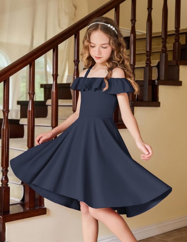 Arshiner Girls Summer Dress Off Shoulder Children's Dress Ruffle Sleeves Elegant Strap Dress Children A Line Swing Dress High Low Dress Casual Dresses with Pocket 4-13Years - Image 2