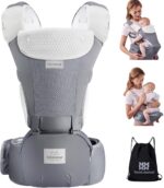 Bebamour Baby Carrier Newborn to Toddler Baby Carrier Hipseat 0-36Months with Head Hood, 3 PCS Teething Pads, Waist Extender, Light Grey