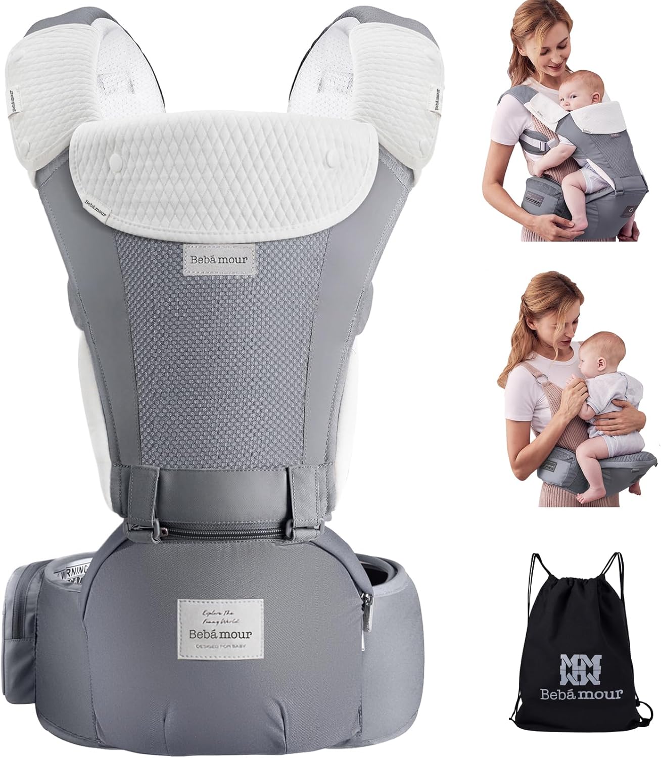 71R99I3GS1L._AC_SL1500_.jpg Bebamour Baby Carrier Newborn to Toddler Baby Carrier Hipseat 0-36Months with Head Hood, 3 PCS Teething Pads, Waist Extender, Light Grey - Image 1