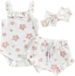 KimFuLai Newborn Baby Girl Summer Outfit Sleeveless Floral Cherry Print Waffle Romper Bodysuit Ruffle Bloomers Shorts Headband Set