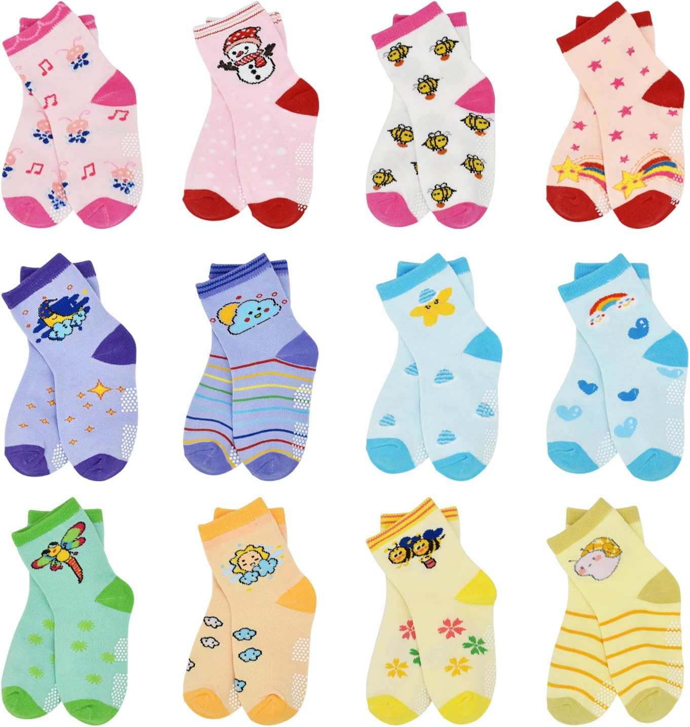 71Se48w3FL._AC_SL1500_.jpg ELUTONG Toddler Non Slip Socks - 12 Pairs Kids Anti Skid Grip Cute Crew Cartoon Socks for 1-7 Years Boys Girls - Image 1