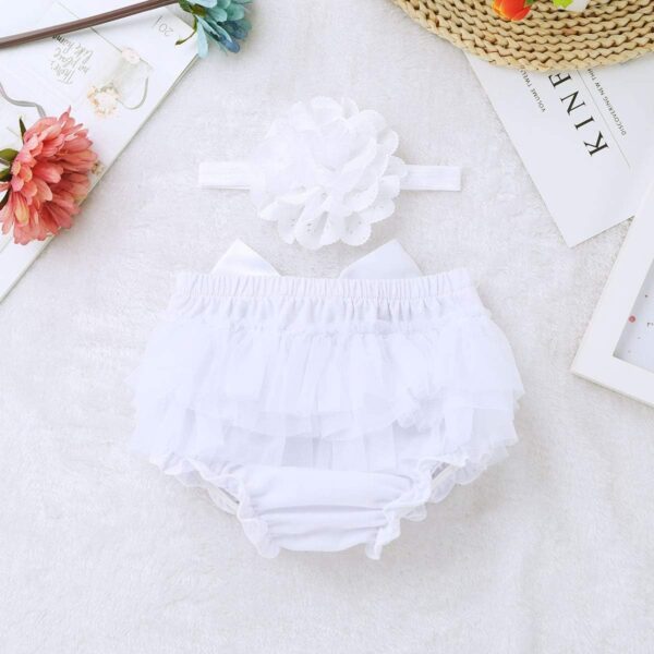 Newborn Baby Girls Tulle Bowknot Bloomers Diaper Cover Ruffled Shorts Brief with Flower Headband Photo Prop - Image 3