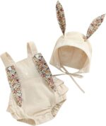 Qianderer Newborn Baby Girls Bunny Romper Sleeveless Bodysuit Jumpsuit with Rabbit Ears Tail and Cartoon Hat 2Pcs Clothes Set