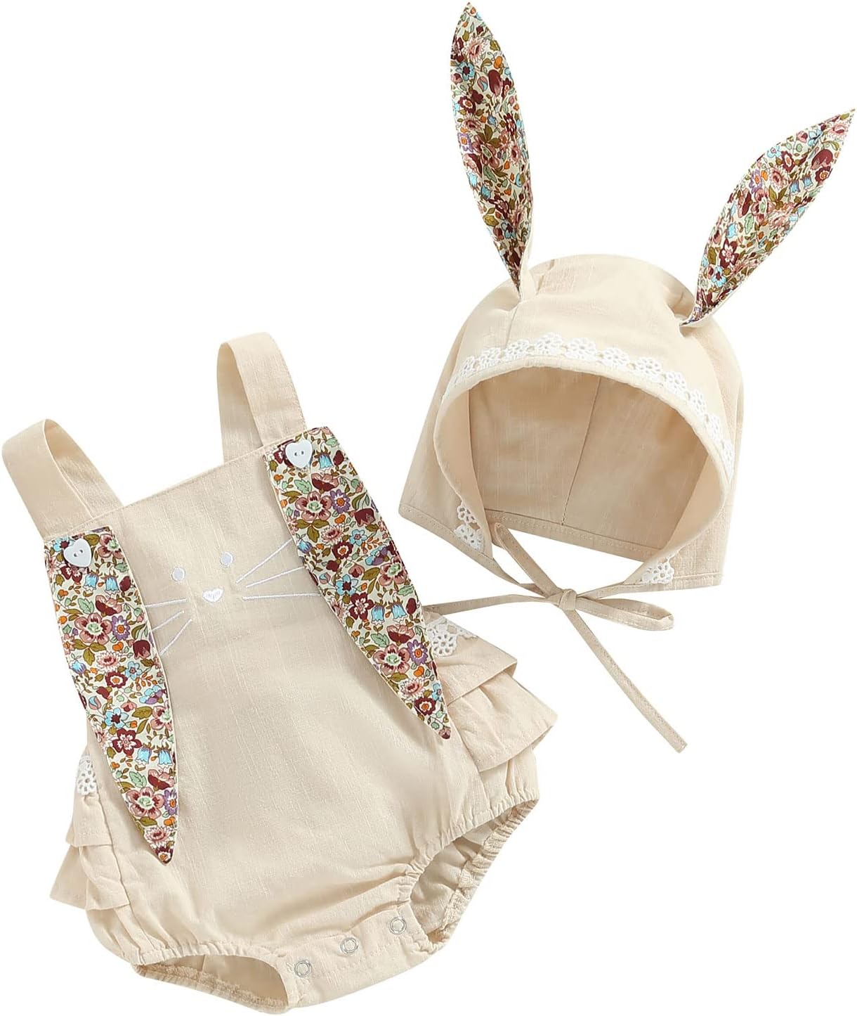 71TK47BRPcL._AC_SL1500_.jpg Qianderer Newborn Baby Girls Bunny Romper Sleeveless Bodysuit Jumpsuit with Rabbit Ears Tail and Cartoon Hat 2Pcs Clothes Set - Image 1