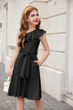 Arshiner Girls Dresses One-Shoulder Kids Dresses Summer Sleeveless Dress Ruffle Neck Elegant Party Festival Dresses Swing with Belt Dress for Girls 5-13 Years - Image 2