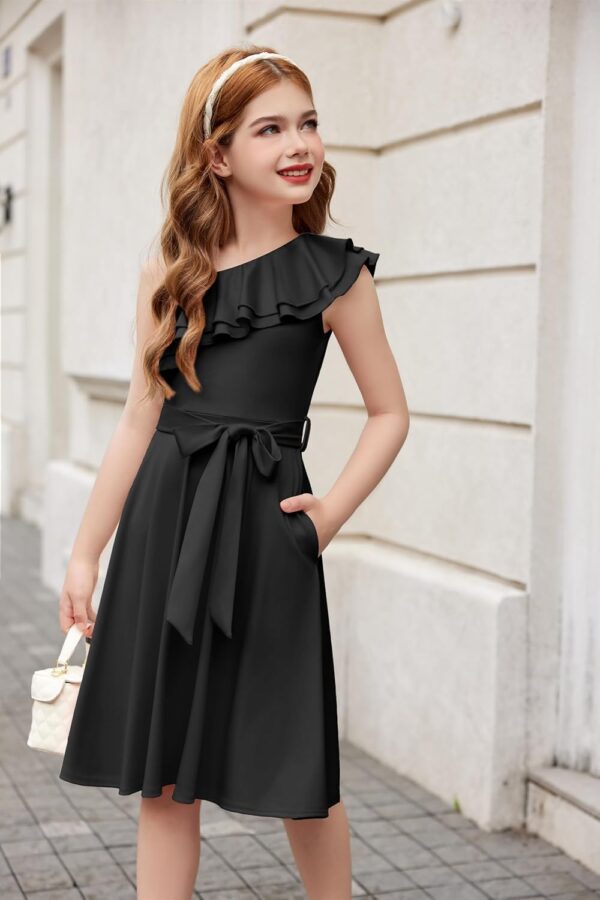 Arshiner Girls Dresses One-Shoulder Kids Dresses Summer Sleeveless Dress Ruffle Neck Elegant Party Festival Dresses Swing with Belt Dress for Girls 5-13 Years - Image 2