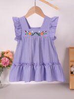JiAmy Girl Dress Flowers Embroidery Flutter Sleeve Toddler Dresses Square Neck Ribbed Casual Clothes for 1-7 Year Old - Image 6
