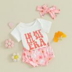 Newborn Baby Girl Clothes Fly Sleeve Letter Print Romper Tops + Ruffle Bloomer Shorts Set Infant Summer Outfits - Image 2