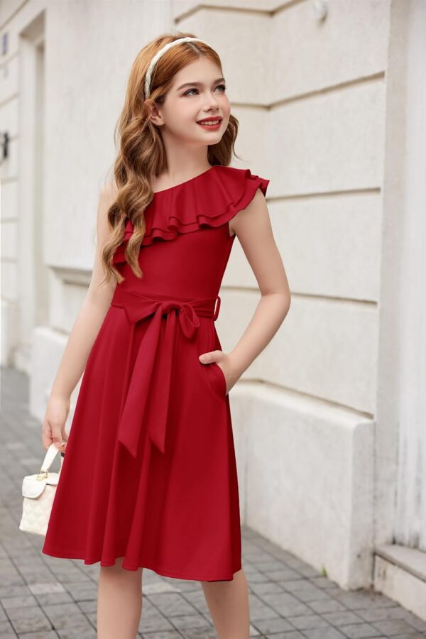 Arshiner Girls Dresses One-Shoulder Kids Dresses Summer Sleeveless Dress Ruffle Neck Elegant Party Festival Dresses Swing with Belt Dress for Girls 5-13 Years - Image 2