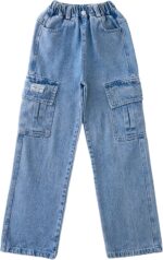 Ripped Jeans for Girls High Elastic Waist Baggy Casual Wide Leg Denim Jeans Fashion Washed Trousers with Pockets Stretchy Vintage Pants Age 5-15 Years - Image 5