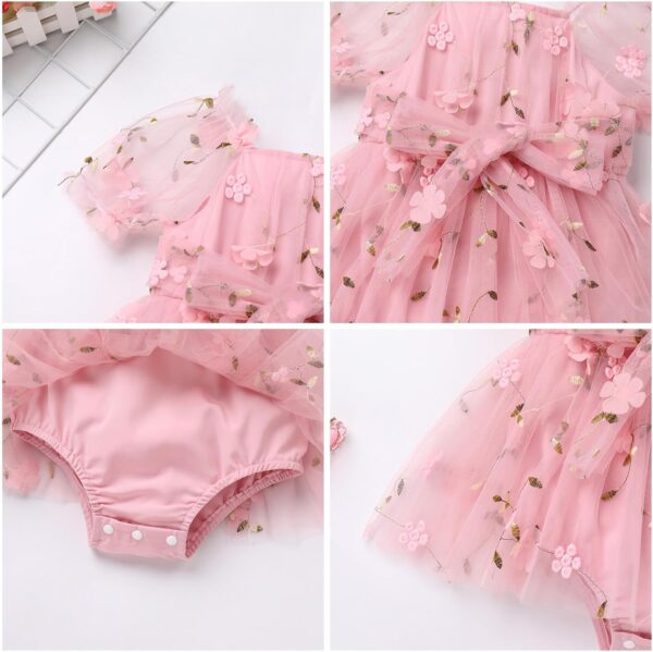 FYMNSI Newborn Infant Baby Girls Romper Dress Short Puff Sleeve Square Neck Tutu Tulle Princess Dresses with Bowknot Headband 2pcs Set - Image 5