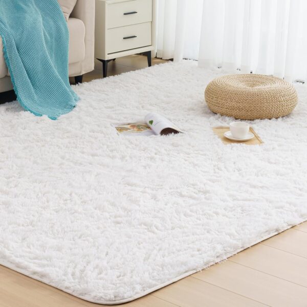 Shaggy Rug- Fluffy Area Rug for Living Room, 8mm Long Pile Rug for Bedroom Kids Room Decor Anti Slip, White, 160x230cm - Image 2