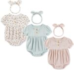 Ecojoy Baby Girl Vest 3PCs Grow Long/Short Sleeve Summer Fall Bodysuit with 3 Headbands/Hats