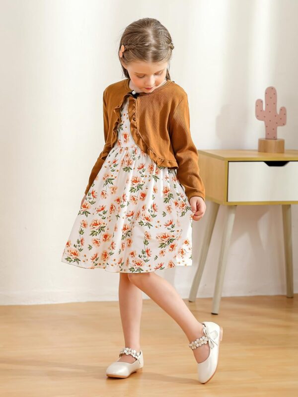 Baby Girl Dress With Cardigan Clothes Set Toddler Girls Long Sleeve Bow Button Cardigan + Sundress Suit Kids Knitted Cropped Sweaters Tops Dress 2 Piece Outfits 1-5 Years - Image 6