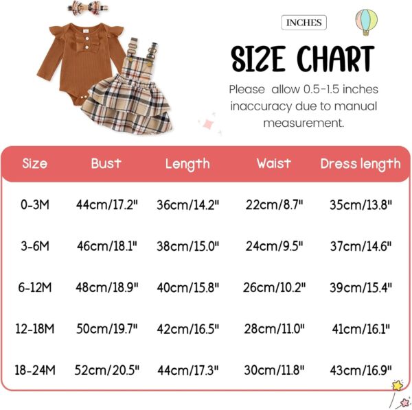 ESHOO Baby Girl Clothes Newborn Dress Set Long Sleeve Ruffle Romper Plaid Suspender Skirt Overall Dress Bow Headband Infant Outfits for 0-24M - Image 7