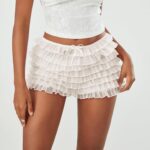 Women's Multi-Layer Lace Ruffled Mini Bloomer Tie Front Elastic Low Waist Frilly Lolita Floral Shorts - Image 3