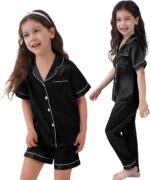 SWOMOG Kid's Silk Pyjamas 3 Piece Girls Boys Satin Pyjamas Set Button-Down PJs Sets Soft Lounge Sets Short Sleeve Sleepwear - Image 2