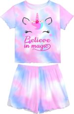 MHJY Girls Pyjamas Ruffled Short Sleeve PJs Sets Unicorn Pajamas 2 Pcs Shirt and Shorts Casual Girls' Nightwear Sleepwear Clothes