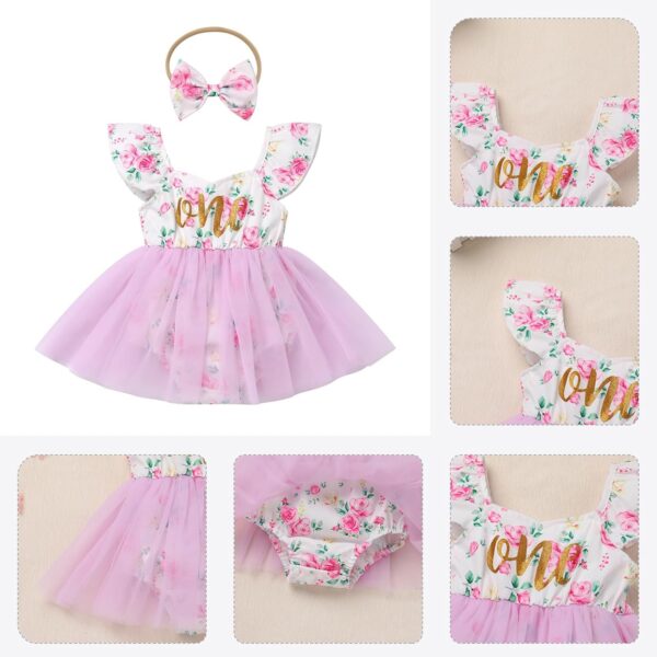 Baby Girl First Birthday Outfit Fly Sleeve Floral Printed Tutu Romper Dress with Bowknot Headband Set - Image 4