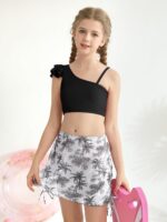 Girls 3 Piece Swimsuits Ruffle Sleeve Bikini Set with Tropical Cover Up Skirts High Waist Bathing Suit Bikini Tops Pants Summer Holiday Beachwear for Kids Teen 9-16 Years - Image 4