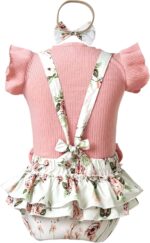 Newborn Baby Girls Summer Shorts Sets Ruffle Sleeve Shirt Top + Floral Suspender Shorts Bloomers + Headband Outfit - Image 2