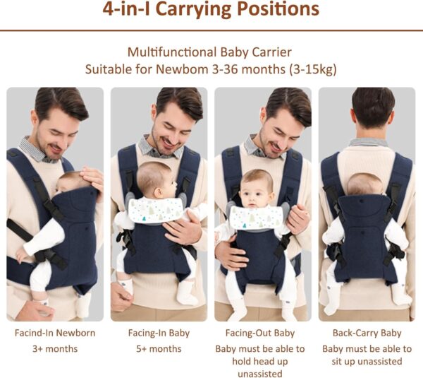 IULONEE Baby Carriers from Newborn Ergonomic Toddlers Carrier Front & Back Carry Baby Holder Carrier Sling for Toddlers 3-36 Months (3-15kg) Dark Blue - Image 5