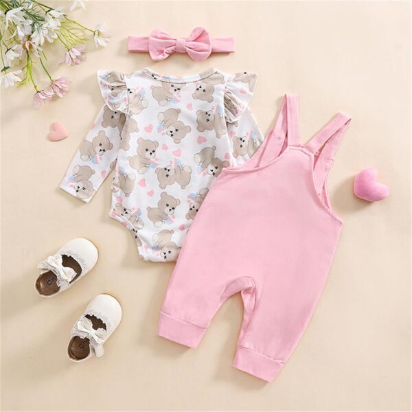 Baby Girl Clothes Baby Outfit Infant Clothes Set Heart Print Long Sleeve T Shirt With Overalls Pants Headband Clothing Set - Image 2