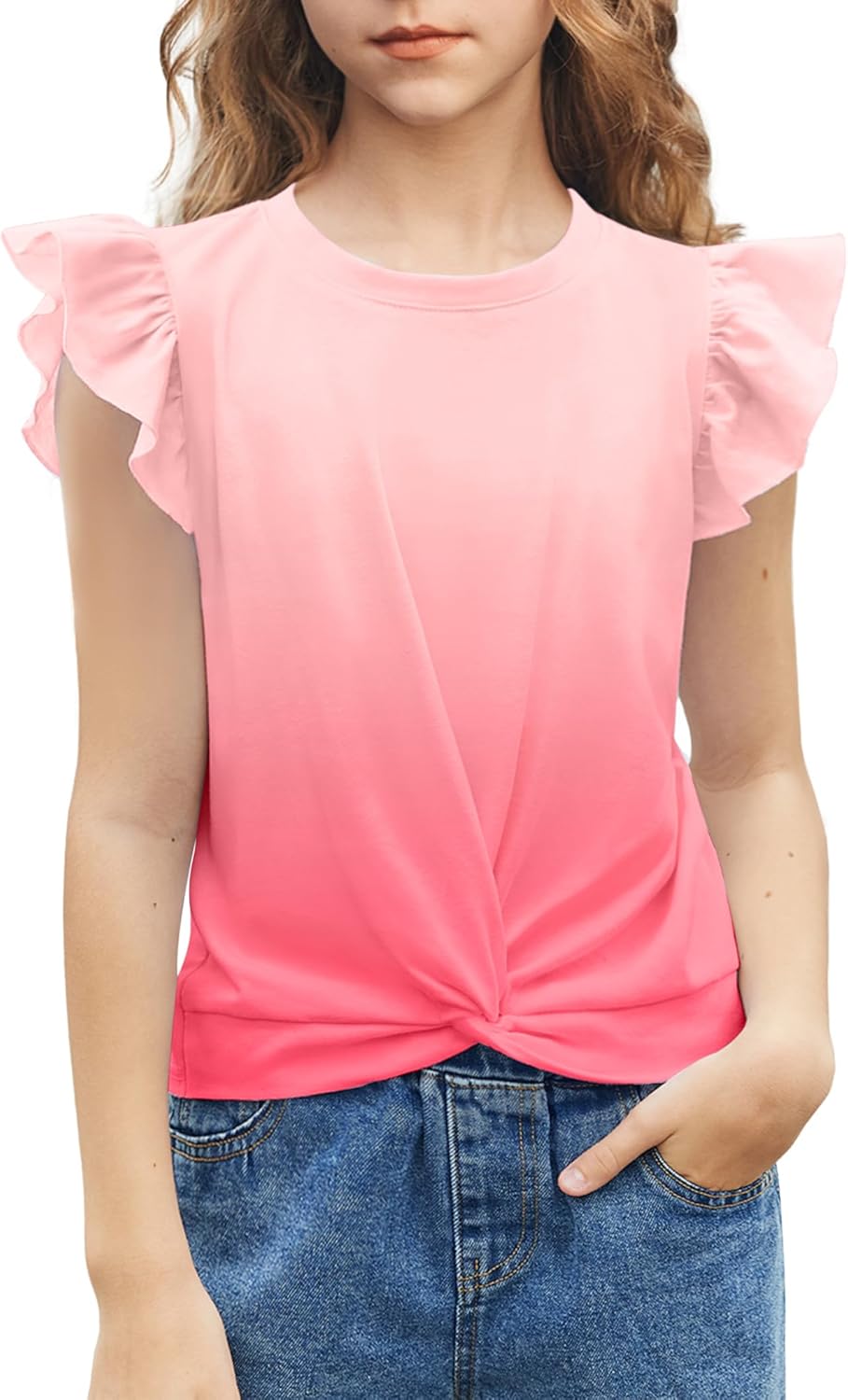 71Yq0MTuF8L._AC_SL1500_.jpg Arshiner Girls Shirt Short Sleeve Twist Front T-Shirt for Girls Cute Flying Sleeves Summer Blouse for Girls Tunic Tee Tops 5-12 Years - Image 1