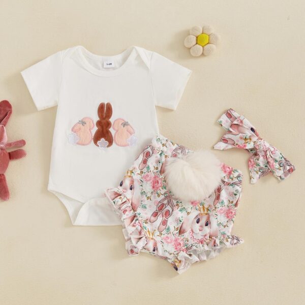 Dubute My First Easter Outfit Baby Girl Bunny Romper Bodysuit +Pompom Shorts Bloomer 1st Easter Clothes 3PCS - Image 2