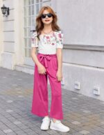 Arshiner Girls Clothing Sets Kids Fashion T-shirts with Trousers Set Puff Sleeves Top with Printed Trousers Set Summer Casual Outfits for Girls 5-14 Years - Image 4