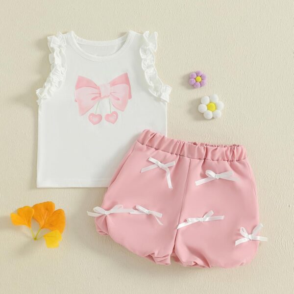 MAHUAOYIXI Toddler Girls Spring Summer Outfits Bow Frill Trim Sleeveless Tank Tops Vest Top Shirts with Elastic Waist Bloomers Shorts Sets 2Pcs Clothes for Little Girls - Image 2