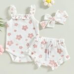 KimFuLai Newborn Baby Girl Summer Outfit Sleeveless Floral Cherry Print Waffle Romper Bodysuit Ruffle Bloomers Shorts Headband Set - Image 2