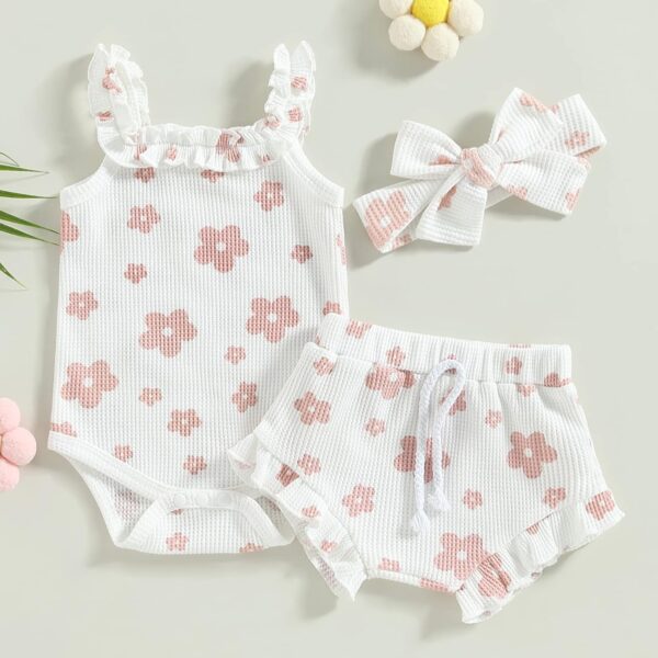 KimFuLai Newborn Baby Girl Summer Outfit Sleeveless Floral Cherry Print Waffle Romper Bodysuit Ruffle Bloomers Shorts Headband Set - Image 2