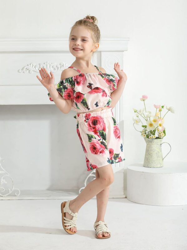 Baby Girl Clothes Floral Print Off Shoulder Tops + Floral Shorts Outfit Set - Image 2