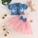 Yanmucy Toddler Baby Girls Dress With Puffy Sleeves Denim Blue Jacket Set 2PCS Little Girls Sleeveless Tulle Tutu Dress Short Sleeve Polka Dot Ruffle Coat Top Outfits - Image 2