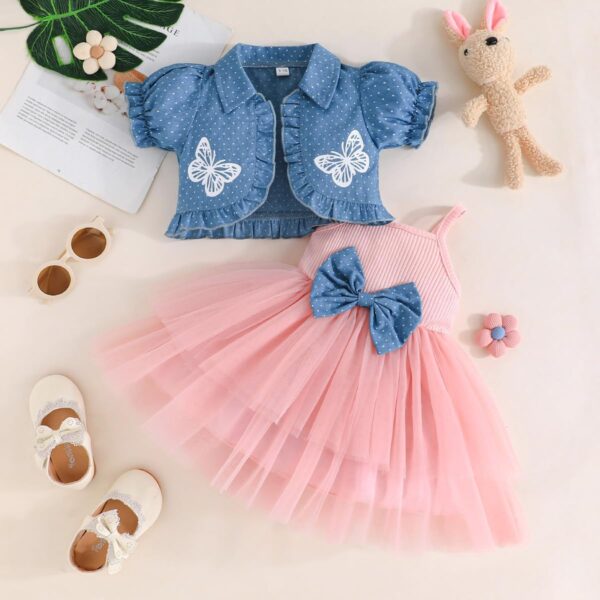 Yanmucy Toddler Baby Girls Dress With Puffy Sleeves Denim Blue Jacket Set 2PCS Little Girls Sleeveless Tulle Tutu Dress Short Sleeve Polka Dot Ruffle Coat Top Outfits - Image 2