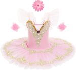 Odizli Ballerina Costume for Girls Flutter Sleeve Lace Pearl Embroidered Tulle Tutu Ballet Dress + Hair Clip + Armbands