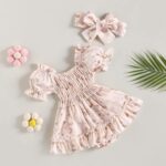 Newborn Baby Girl Romper Dress Puff Short Sleeve Ruched JUmpsuit Heanband Infant Summer Cute Clothes - Image 3