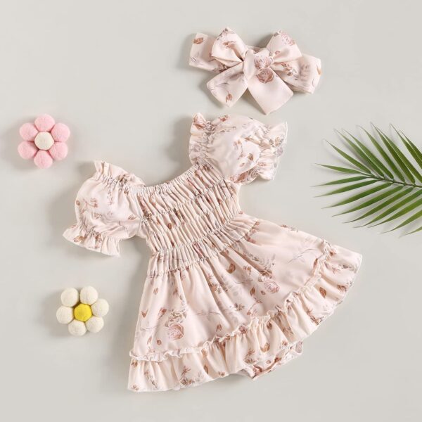 Newborn Baby Girl Romper Dress Puff Short Sleeve Ruched JUmpsuit Heanband Infant Summer Cute Clothes - Image 3