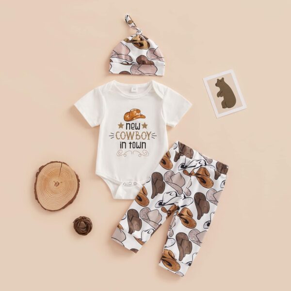 RWYBEYW Western Newborn Baby Boy Cowboy Outfit Boots/Hat/Cow Print Romper Bodysuit+Long Pants +Cap 3Pcs Summer Clothes Set - Image 3