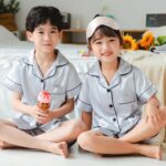 Risipu Silk Pyjamas Kids Set Unisex Short Sleeve Girls Pyjamas Solid Color for Kids - Image 4