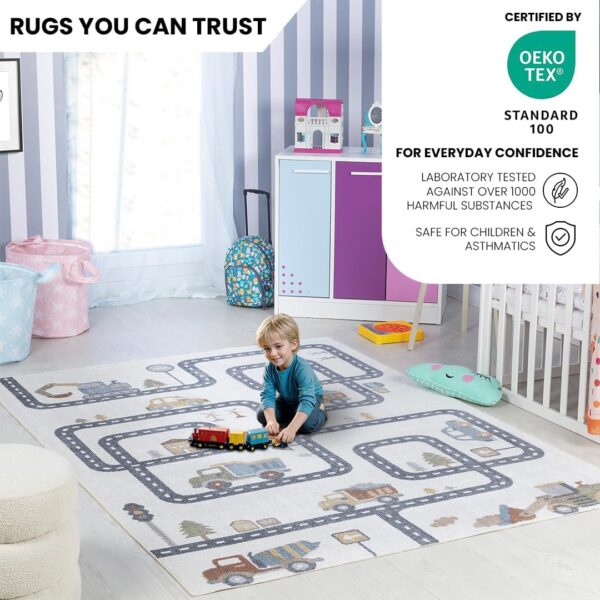 Livabliss Road Track Washable Kids Rug - Childrens Rug for Bedroom 160x160 cm, Machine Washable Rug for Girls & Boys Bedroom Rug, Playroom & Nursery Rugs - Girl or Boy Room Baby Rug, Kids Carpet Cream - Image 3