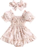 Newborn Baby Girl Romper Dress Puff Short Sleeve Ruched JUmpsuit Heanband Infant Summer Cute Clothes