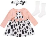 OMEWEE Baby Girl 1st Birthday Outfit Long Sleeve Romper Dress Floral/Cow/Candy Print Dress with Headband Socks 3PCS Spring Clothes Cake Smash Party Photograph