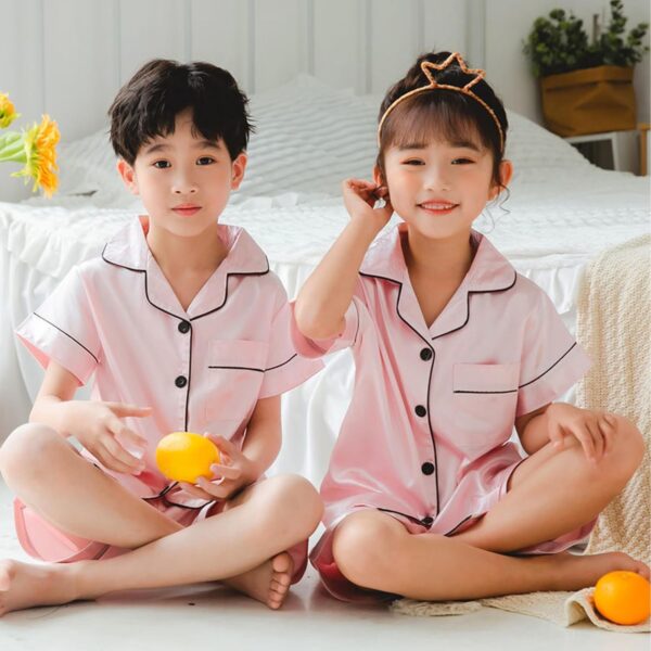Risipu Silk Pyjamas Kids Set Unisex Short Sleeve Girls Pyjamas Solid Color for Kids - Image 4